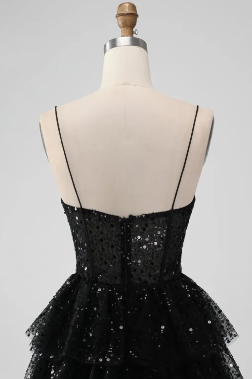 Sparkly Sequins Black A Line Tiered Corset Spaghetti Straps Short Tulle Graduation Dress