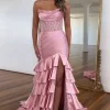 Sparkly Sequins Blush Strapless Mermaid Tiered Long Prom Dress with Slit