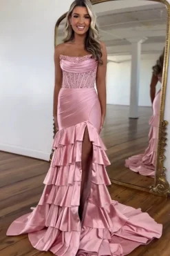 Sparkly Sequins Blush Strapless Mermaid Tiered Long Prom Dress with Slit
