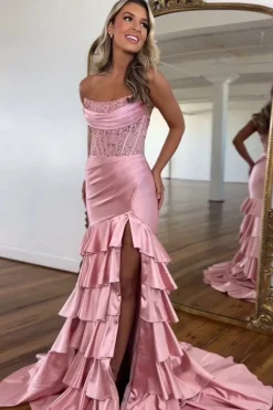 Sparkly Sequins Blush Strapless Mermaid Tiered Long Prom Dress with Slit