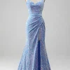 Sparkly Sequins Mermaid Light Blue Prom Dress with Slit