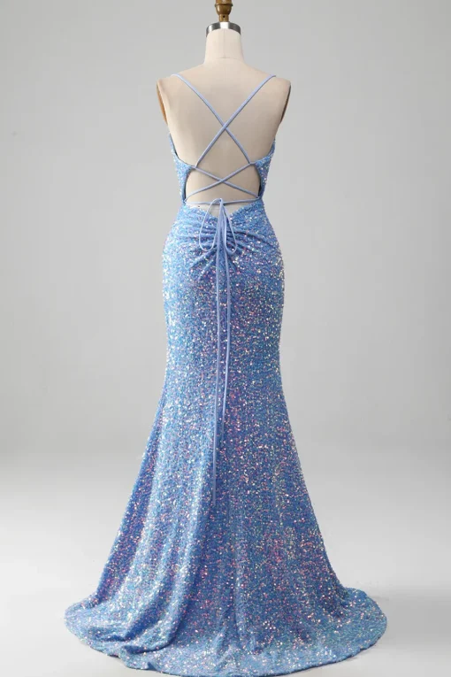Sparkly Sequins Mermaid Light Blue Prom Dress with Slit