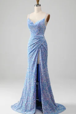 Sparkly Sequins Mermaid Light Blue Prom Dress with Slit