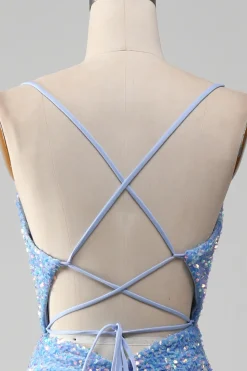Sparkly Sequins Mermaid Light Blue Prom Dress with Slit