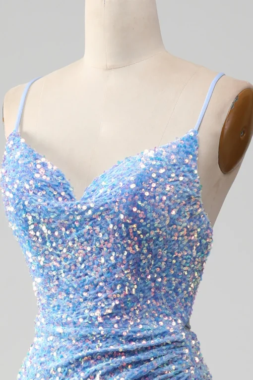 Sparkly Sequins Mermaid Light Blue Prom Dress with Slit