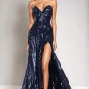 Sparkly Sequins Mermaid Navy Strapless Tight Formal Dress with Slit