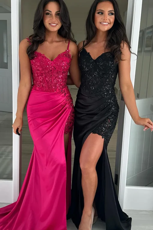 Sparkly Sequins Mermaid Spaghetti Straps Prom Dress with Slit