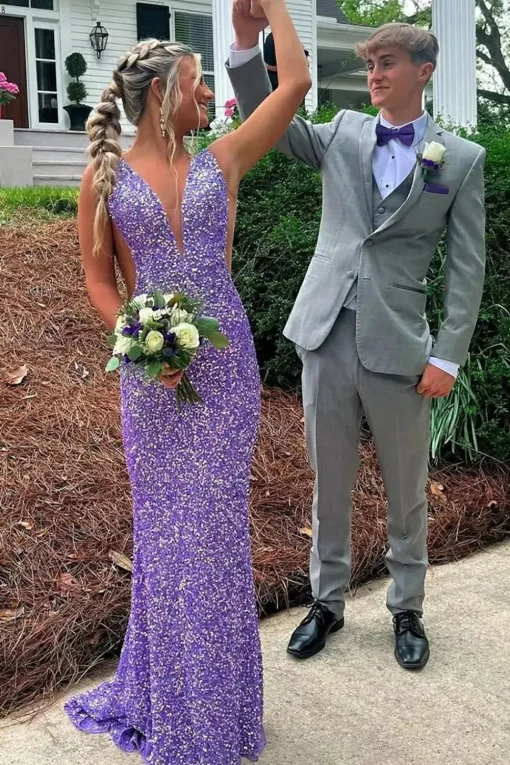 Sparkly Sequins Purple Mermaid Long Prom Dress
