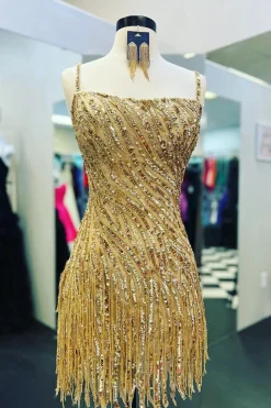 Sparkly Sheath Spaghetti Straps Blue Graduation Dress with Fringes