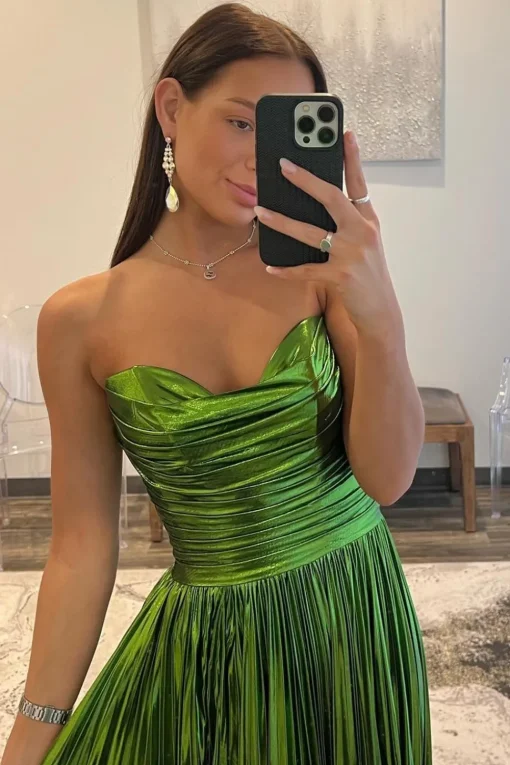 Sparkly Strapless Green A Line Pleated Prom Dress with slit