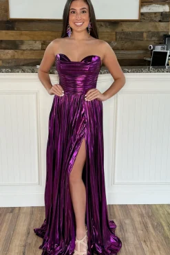 Sparkly Strapless Green A Line Pleated Prom Dress with slit