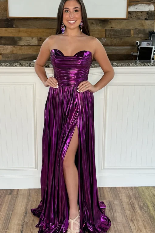 Sparkly Strapless Green A Line Pleated Prom Dress with slit