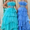 Sparkly Tiered Tulle Strapless A Line Beaded Blue Prom Dress