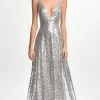 Sparkly V Neck Silver Sequined A Line Formal Dress
