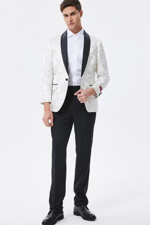 Sparkly White Floral Embroidered Shawl Lapel Men's Blazer