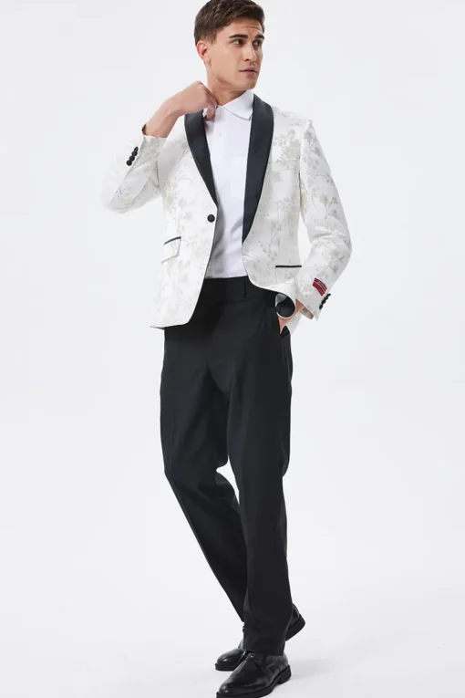 Sparkly White Floral Embroidered Shawl Lapel Men's Blazer