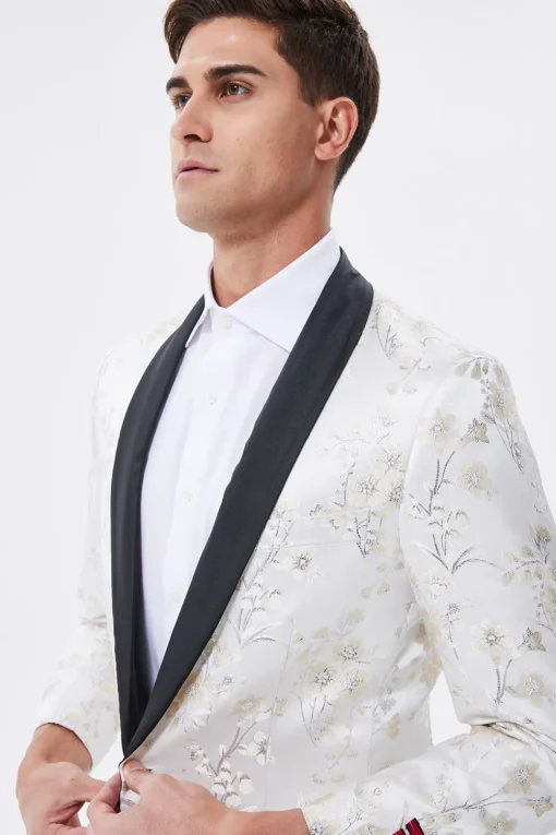 Sparkly White Floral Embroidered Shawl Lapel Men's Blazer