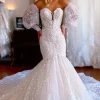 Sparkly White Mermaid Detachable Long Sleeves Lace Wedding Dress