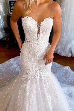 Sparkly White Mermaid Detachable Long Sleeves Lace Wedding Dress