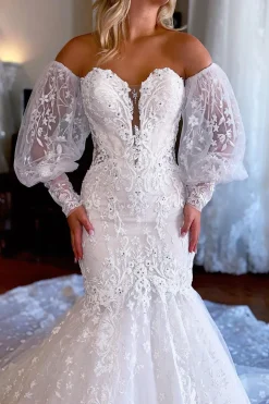 Sparkly White Mermaid Detachable Long Sleeves Lace Wedding Dress