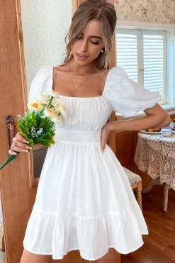 Square Neck Mini White Graduation Dress With Short Sleeves