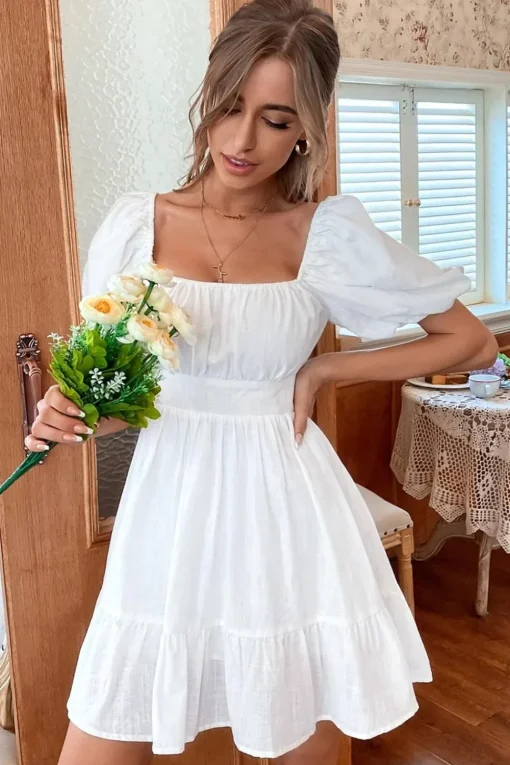 Square Neck Mini White Graduation Dress With Short Sleeves