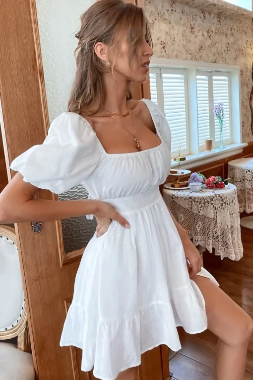 Square Neck Mini White Graduation Dress With Short Sleeves