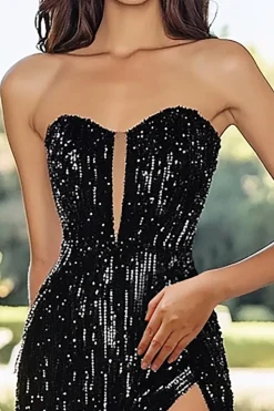 Strapless A Line Black Sequined Prom Dress With Slit