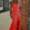 Strapless Mermaid Orange Corset Beaded Ruffles Prom Dress