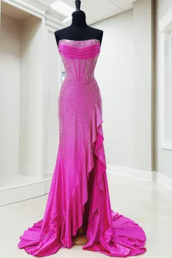 Strapless Mermaid Orange Corset Beaded Ruffles Prom Dress