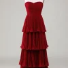 Strapless Tiered Burgundy Long Bridesmaid Dress