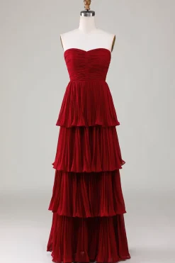 Strapless Tiered Burgundy Long Bridesmaid Dress