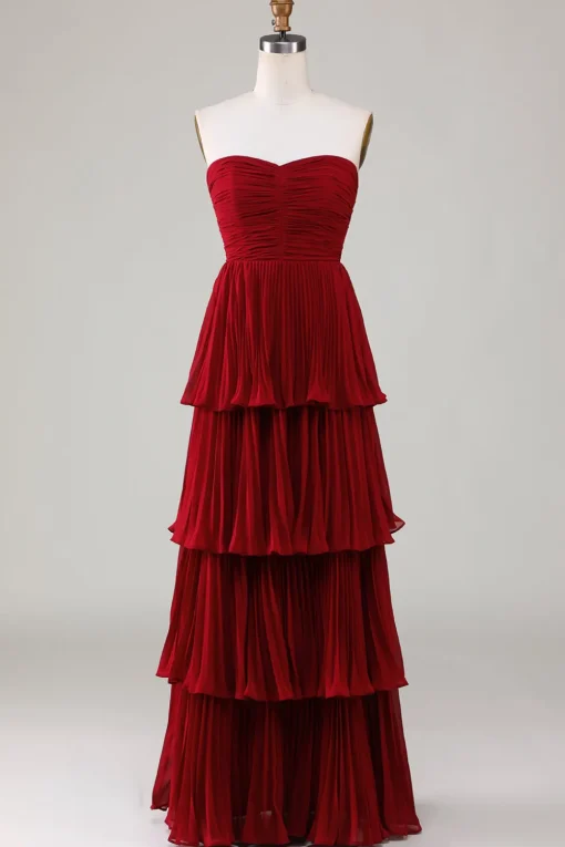 Strapless Tiered Burgundy Long Bridesmaid Dress