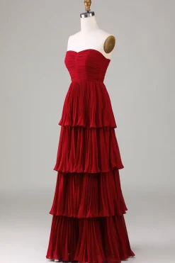 Strapless Tiered Burgundy Long Bridesmaid Dress
