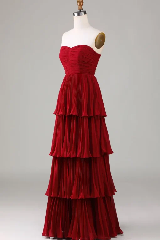 Strapless Tiered Burgundy Long Bridesmaid Dress