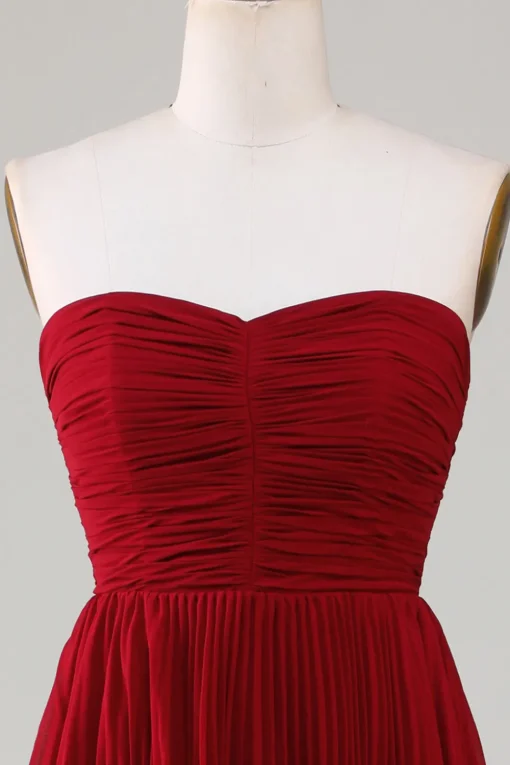 Strapless Tiered Burgundy Long Bridesmaid Dress