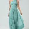 Stunning A Line One Shoulder Sea Glass Long Bridesmaid Dress with Ruched