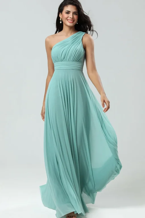 Stunning A Line One Shoulder Sea Glass Long Bridesmaid Dress with Ruched