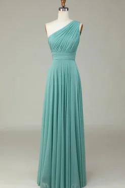 Stunning A Line One Shoulder Sea Glass Long Bridesmaid Dress with Ruched