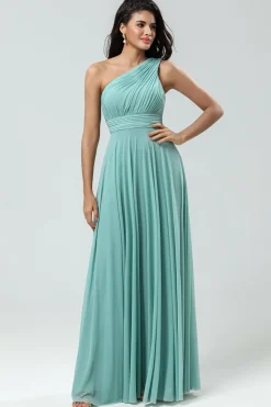 Stunning A Line One Shoulder Sea Glass Long Bridesmaid Dress with Ruched