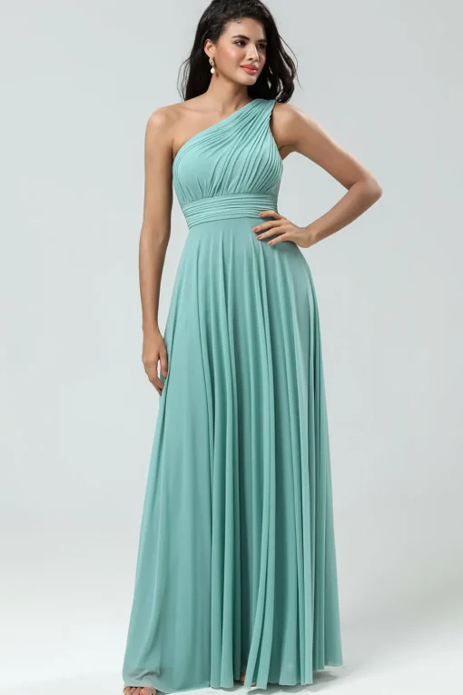 Stunning A Line One Shoulder Sea Glass Long Bridesmaid Dress with Ruched