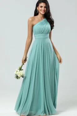 Stunning A Line One Shoulder Sea Glass Long Bridesmaid Dress with Ruched
