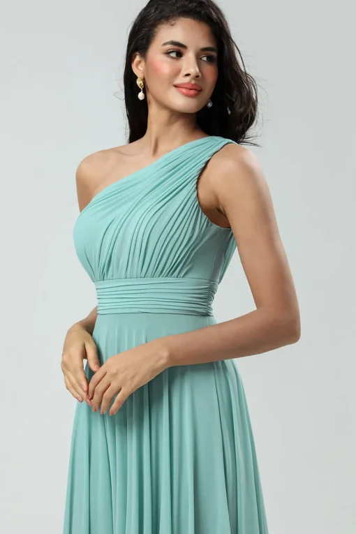 Stunning A Line One Shoulder Sea Glass Long Bridesmaid Dress with Ruched