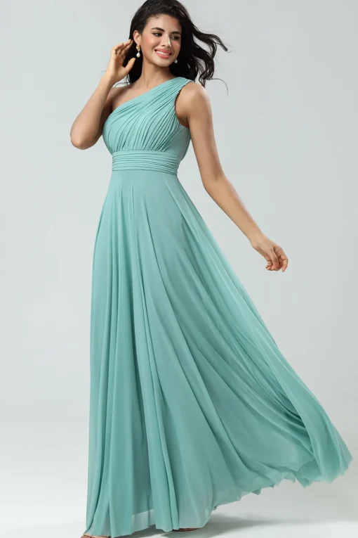Stunning A Line One Shoulder Sea Glass Long Bridesmaid Dress with Ruched