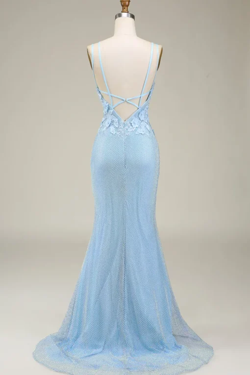 Stylish Mermaid Light Blue Long Prom Dress with Appliques