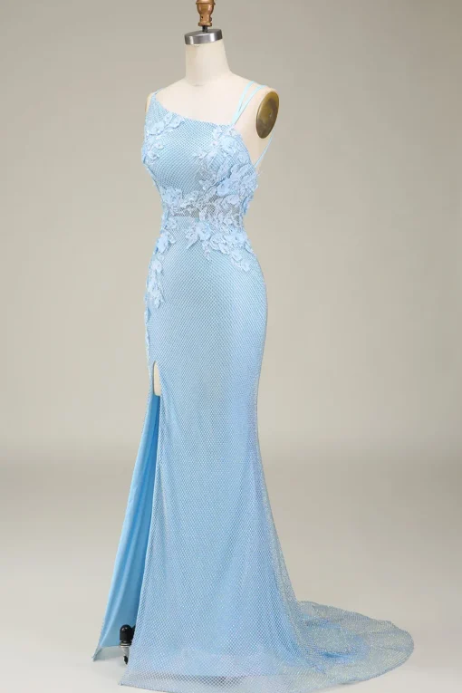 Stylish Mermaid Light Blue Long Prom Dress with Appliques