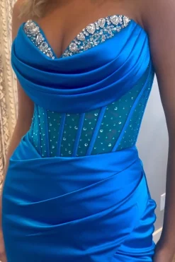 Sweetheart Royal Blue Mermaid Long Corset Satin Prom Dress with Beading