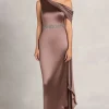 Taupe Sheath One Shoulder Ruched Rhinetones Satin Mother Of the Bride Dress