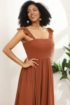 Terracotta Chiffon A-Line Floor Length Bridesmaid Dress With Ruffles