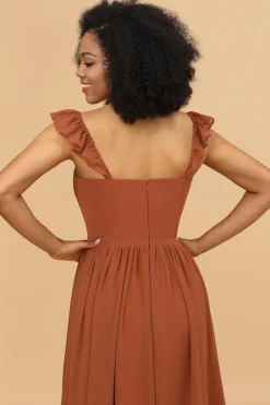 Terracotta Chiffon A-Line Floor Length Bridesmaid Dress With Ruffles